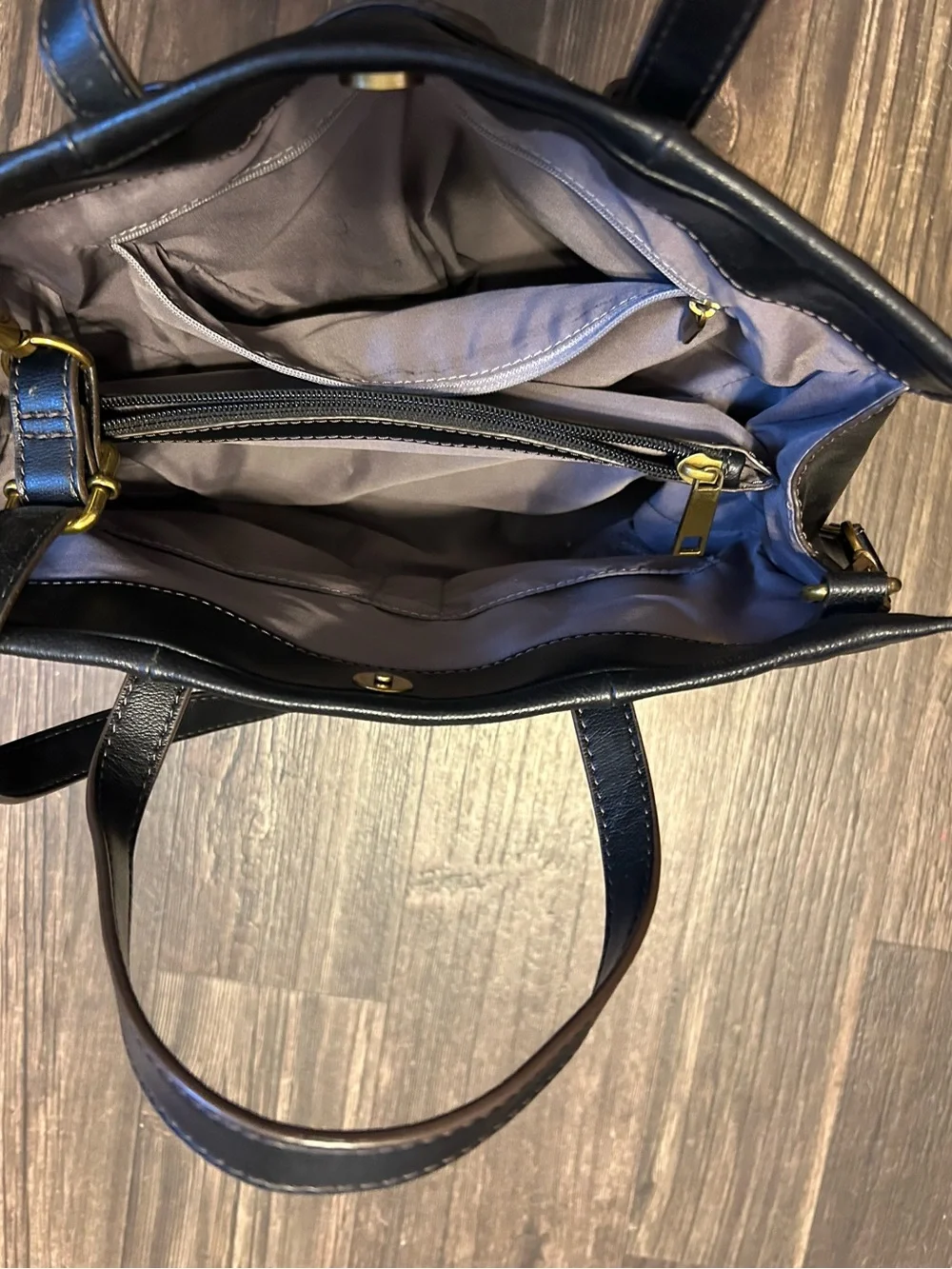 Fossil Black Leather Tote with Gold Accents